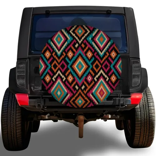 Turquoise Orange Ikat Diamond Motifs For Boho RV Travel And Off Road Adventure Trips Spare Tire Cover