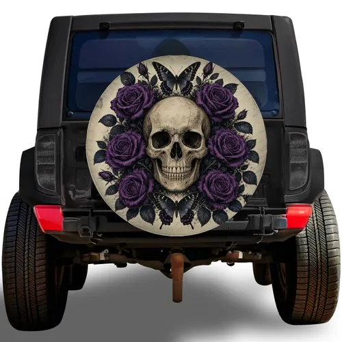 Gothic Skull Violet Roses And Swallowtail Butterflies For Dark Floral Road Trips Spare Tire Cover