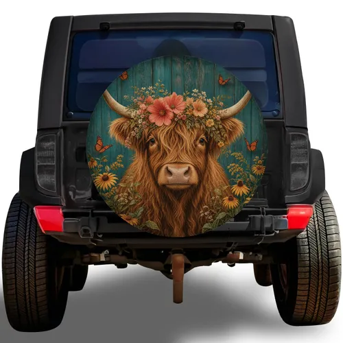 Highland Cow Floral Crown Teal Wood Decor For Rustic RV Trailer Camping Adventures Spare Tire Cover