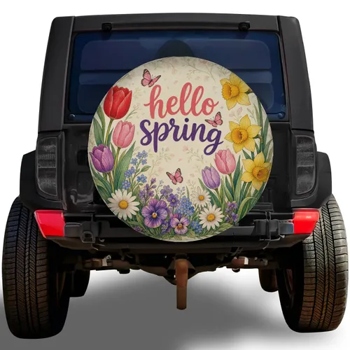 Hello Spring Tulip and Daffodil Bouquet for Garden Lovers RV Trailer Travel Decor Gift Spare Tire Cover