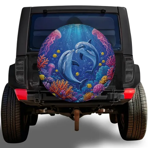 Dolphins Jellyfish Coral Reef Ocean Adventure for RV Camper And Trailer Travelers Spare Tire Cover