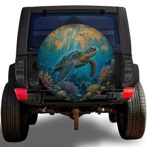 Green Sea Turtle Nautical Map Coral Reef For Ocean Loving RV Travelers And Campers Spare Tire Cover