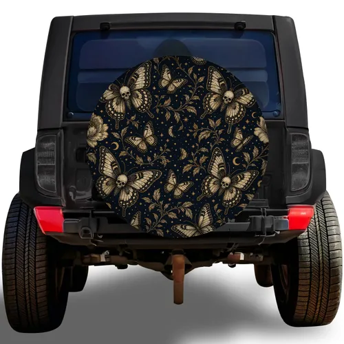 Gothic Skull Butterfly Peony Night Garden For Halloween RV Camping And Road Trips Spare Tire Cover
