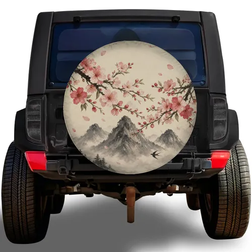 Cherry Blossom Ink Wash Mountains Spring Road Trip Style For RV Trailer SUV Campers Spare Tire Cover