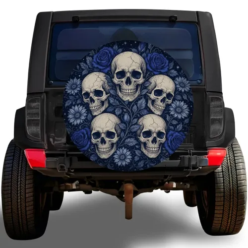 Gothic Skulls And Blue Roses For RV Camping, Trailer Travel, And Dark Garden Lovers Spare Tire Cover