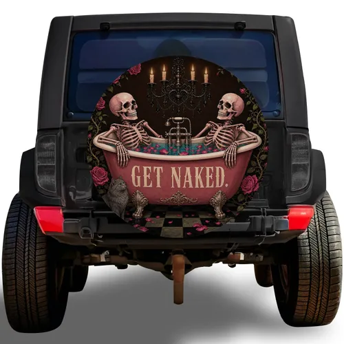 Gothic Skeleton Couple In Pink Bathtub Halloween Road Trip Decor For Dark Romance Fans Spare Tire Cover