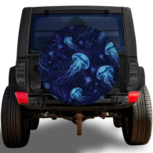 Glowing Blue Jellyfish Ocean Night Road Trip Style For RV Trailer SUV Enthusiasts Spare Tire Cover