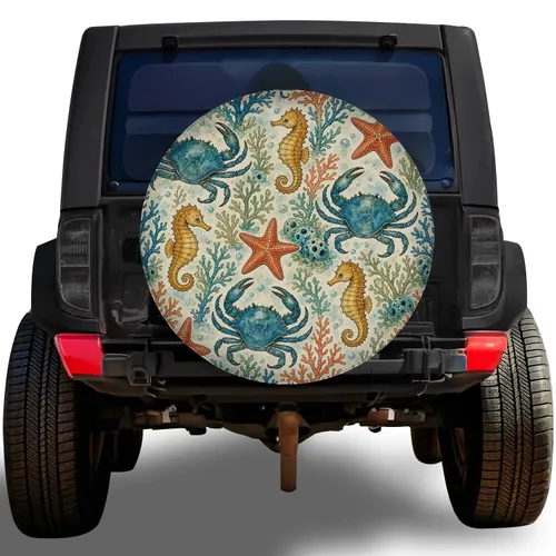 Watercolor Marine Life Ocean Decor For Beach Camping RV Coastal Adventure Enthusiasts Spare Tire Cover
