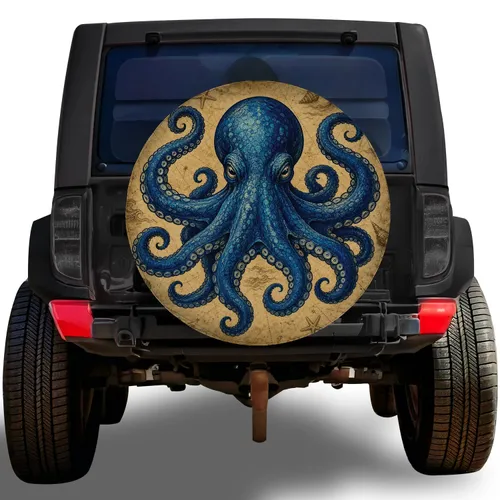 Vintage Blue Octopus Nautical Ocean Adventure Style for RV Trailer Road Travelers Spare Tire Cover