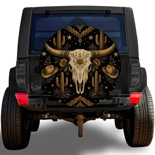 Western Longhorn Skull With Celestial Cacti For Boho RV Trailer Road Adventures Spare Tire Cover