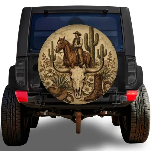 Vintage Western Cowboy Longhorn Skull Desert Cactus For Ranch Road Trips And Rodeo Fans Spare Tire Cover