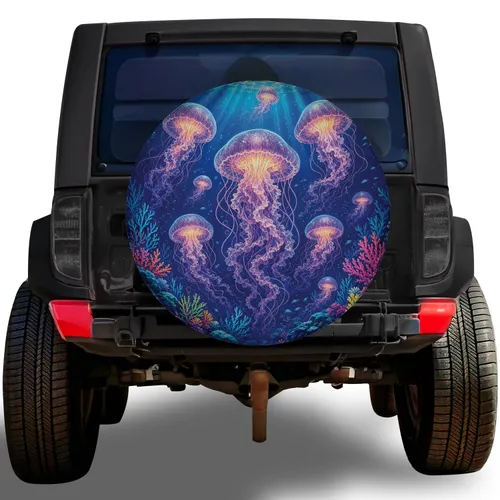 Glowing Jellyfish Deep Ocean Coral Reef Scene For Coastal RV Camping Adventures Spare Tire Cover