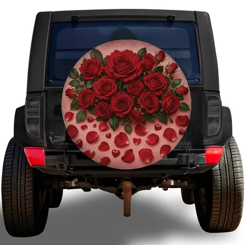 Red Rose Bouquet With Falling Petals For Romantic Wedding, Valentine And RV Travel Spare Tire Cover