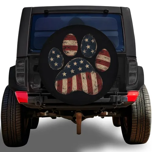 Patriotic Dog Paw American Flag Off Road Camping Adventure Travel Gift for Dog Lovers Spare Tire Cover