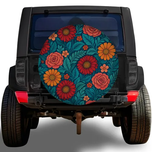 Retro Folk Floral Garden Motifs for Boho Outdoor Camping, Road Trips, and Adventure Lovers Spare Tire Cover