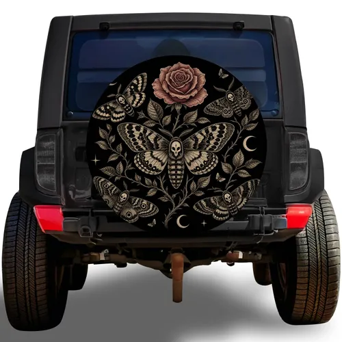 Deaths Head Moth Rose Moon Gothic Botanical For Witchy Road Trip Travelers And Campers Spare Tire Cover