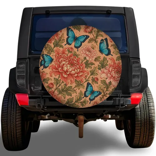 Vintage Coral Chrysanthemums And Turquoise Butterflies For Garden Inspired Road Trips Spare Tire Cover