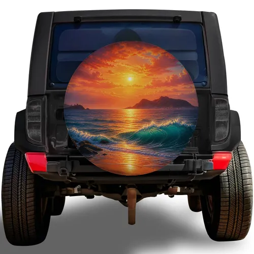 Coastal Sunset Wave Scene For Beach Camping RV Travel And Ocean Lover Adventures Spare Tire Cover