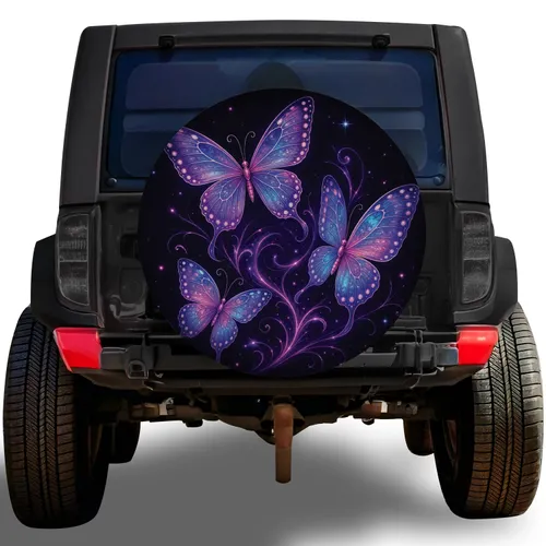 Three Purple Butterflies With Neon Stars For Fantasy RV Travel And Camping Adventures Spare Tire Cover