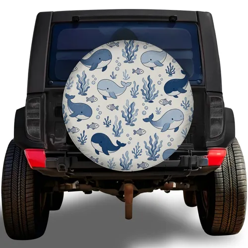 Nautical Playful Blue Whales And Fish For Coastal RV Camping And Ocean Loving Travelers Spare Tire Cover