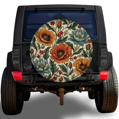 Vintage Orange Poppy And Sage Botanical Florals For RV Camping Travel And Road Trips Spare Tire Cover