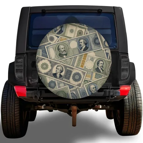 Vintage Banknote Collage for Jeep RV Travel Road Trips and Classic Adventure Style Spare Tire Cover