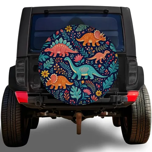 Colorful Dinosaur Floral Jungle For Jeep SUV Adventure Lovers And Outdoor Travelers Spare Tire Cover