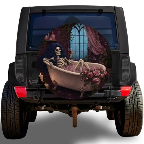 Gothic Skeleton In Clawfoot Bathtub With Wine For Halloween RV Camping Road Trip Decor Spare Tire Cover