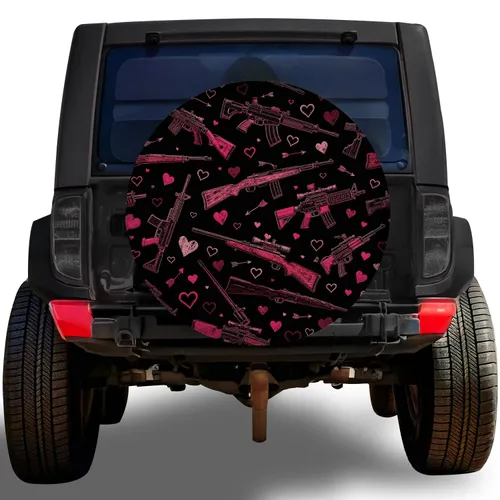 Hot Pink Rifles And Hearts For Tactical Romance Style Jeep, SUV, RV And Truck Drivers Spare Tire Cover