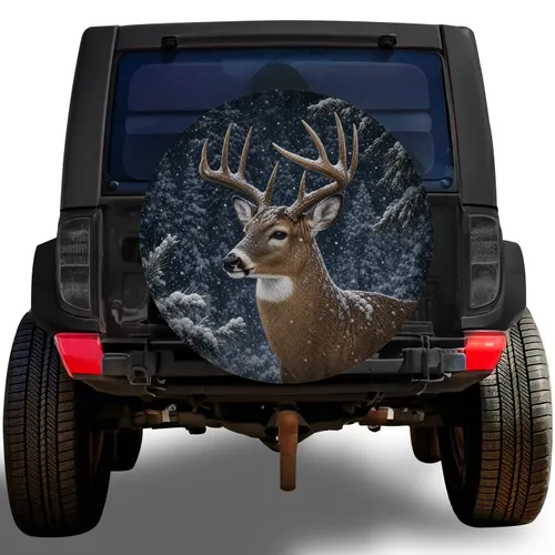 Snowy White-Tailed Buck in Winter Pine Forest for SUV and RV Outdoor Adventures Spare Tire Cover