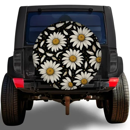 White Daisy Floral For Vintage Outdoor Travel SUVs, Trucks, RVs, Campers And Trailers Spare Tire Cover