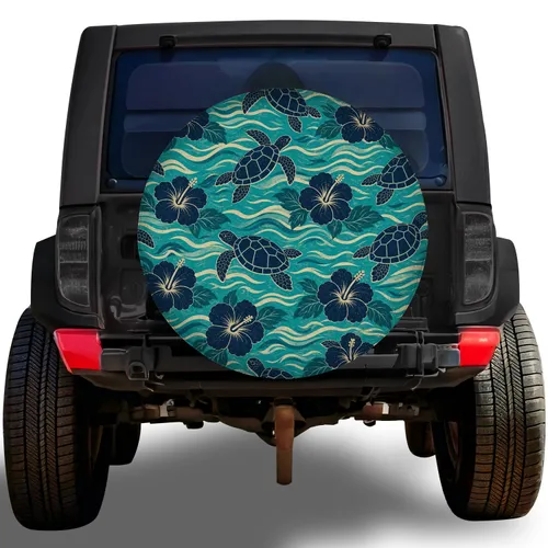Sea Turtle And Hibiscus Tropical Ocean Beach Adventure For RV SUV Camper Coastal Travel Spare Tire Cover