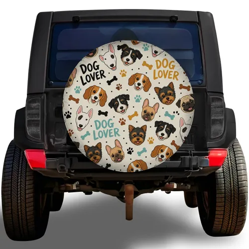 Dog Lover Pugs Beagles And Paw Bones Jeep SUV Road Trip Style Gift For Pet Parents Spare Tire Cover