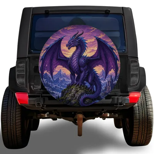 Purple Blue Dragon And Mountain Castle For Fantasy Road Trip Adventure Travel Lovers Spare Tire Cover
