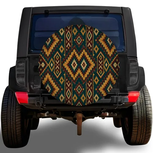 Teal Ikat Geometric Textile Motifs for Boho Camping Travel and Outdoor Adventure Spare Tire Cover