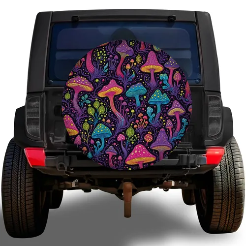 Neon Psychedelic Mushrooms For Festival Camping Jeeps And Outdoor Adventure Vehicles Spare Tire Cover