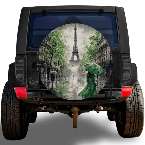 Paris Eiffel Tower Rainy Street Green Umbrella Travel Adventures For City Lovers Spare Tire Cover