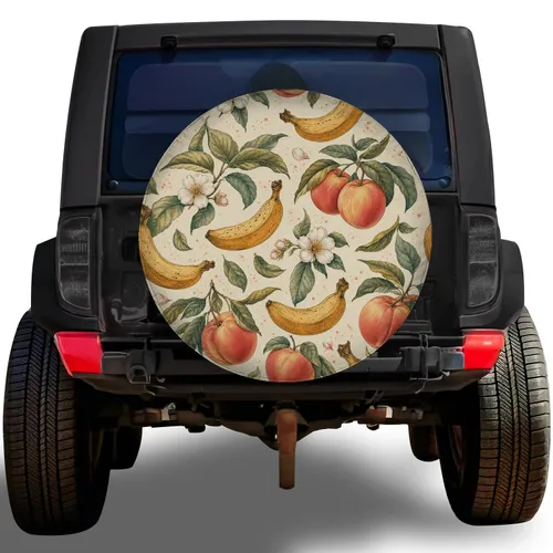 Vintage Peach Banana And Orchard Blossom Motifs For Retro Road Trip Adventure Style Spare Tire Cover