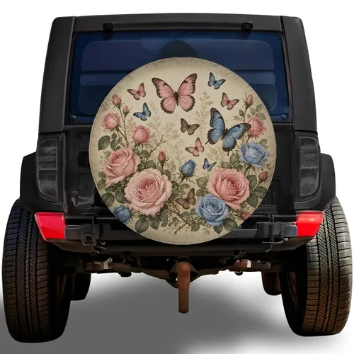 Vintage Rose Butterfly Garden For RV Camping And Trailer Travel Enthusiasts Spare Tire Cover