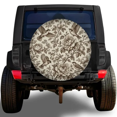 Vintage Brown Bird And Floral Toile For Elegant RV Camping And Trailer Road Travel Spare Tire Cover