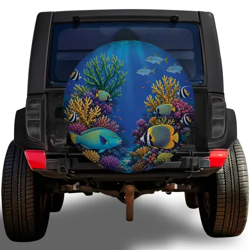 Tropical Coral Reef Fish Ocean Scene for Coastal RV Travel and Beach Camping Adventures Spare Tire Cover