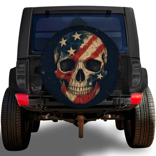 Weathered American Flag Skull Patriotic Road Trip Style For Trucks, SUVs And RVs Spare Tire Cover