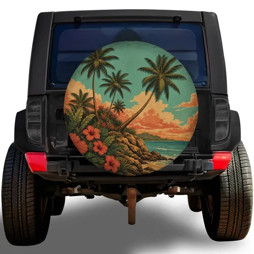 Tropical Palm Trees And Hibiscus Sunset For Beach RV Travel And Island Adventure Spare Tire Cover