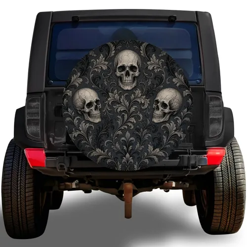 Gothic Skull And Victorian Damask For Dark Romantic Trailer RV Road Trip Travelers Spare Tire Cover