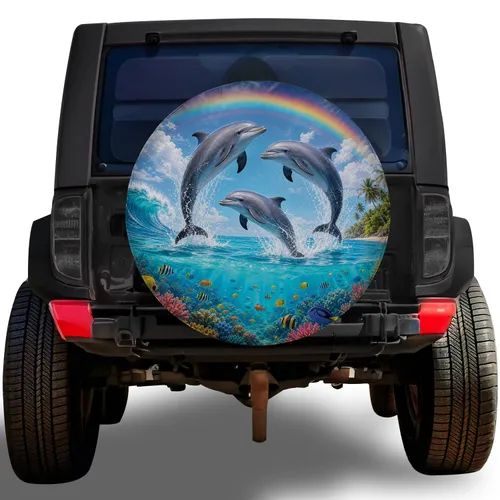 Tropical Dolphin Rainbow Ocean Scene For Beach Travel RV SUV Trailer Adventure Lovers Spare Tire Cover