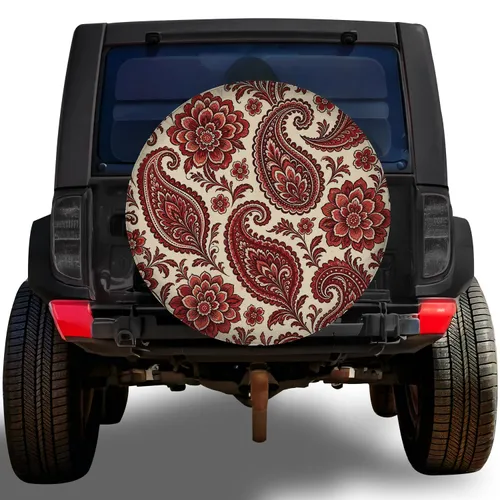 Red Paisley Floral Folk Art For Boho Road Trips And Vintage Style Vehicle Owners Spare Tire Cover