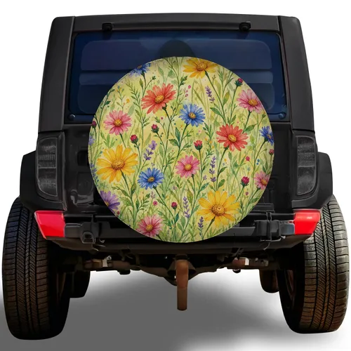 Watercolor Wildflower Meadow Floral Garden For Spring Road Trips RV Camping Lovers Spare Tire Cover