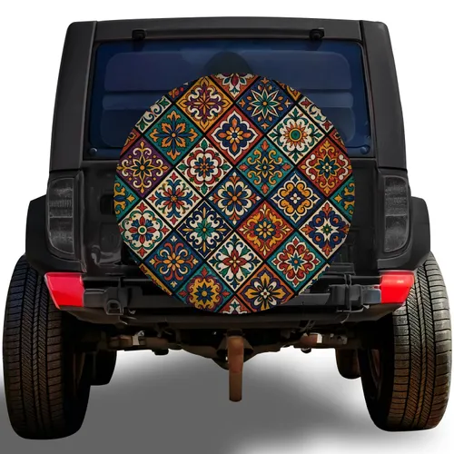 Mediterranean Ceramic Tile Mosaic Motifs For Colorful SUV Travel And Boho Road Trips Spare Tire Cover