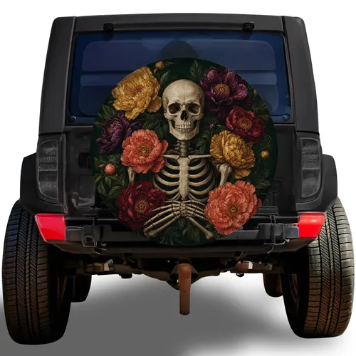 Gothic Skeleton With Peonies For Halloween Camping And Dark Floral Road Trip Lovers Spare Tire Cover
