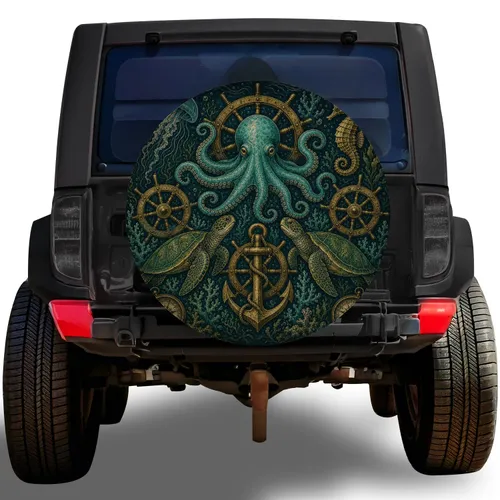 Vintage Nautical Octopus Sea Turtles For Coastal RV Travel And Marine Adventure Trips Spare Tire Cover